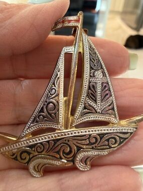 Vintage Intricate Sailboat Brooch - Two-Tone Filigree made in Spain